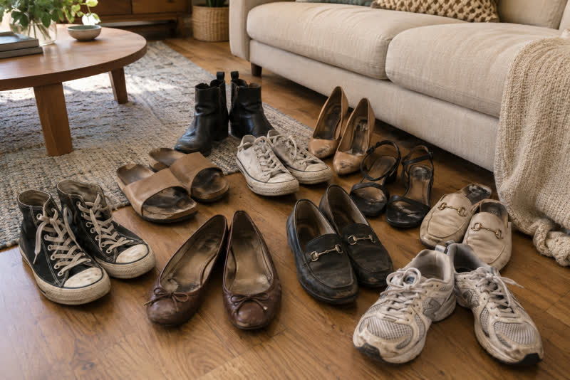 Un salon avec une dizaine de paires portées alignées sur le parquet