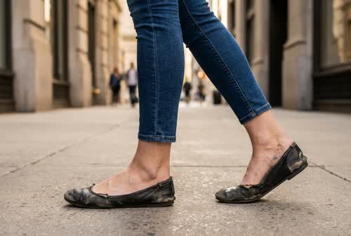 Ballerines noires usées portées dans la rue