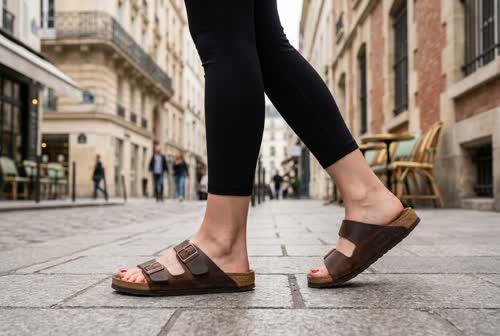 Sandales en cuir portées dans une rue de Paris